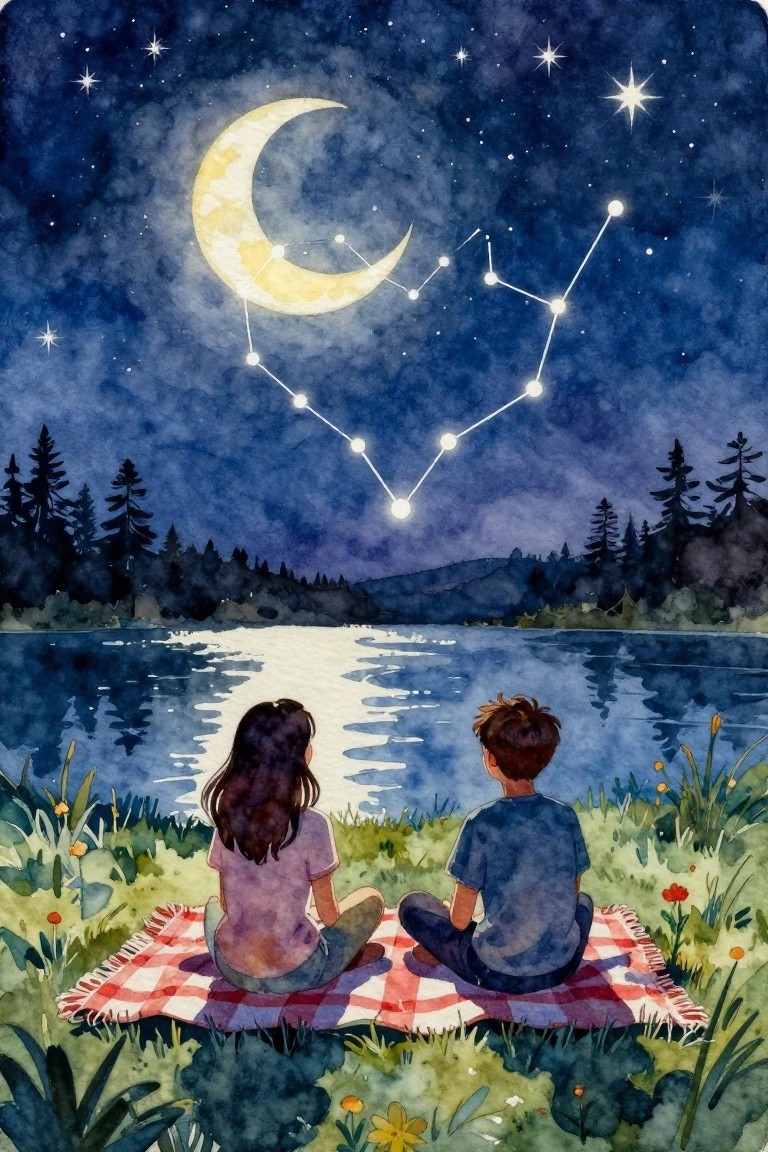 Watercolor of couple on checkered blanket stargazing at moon and constellations by lake