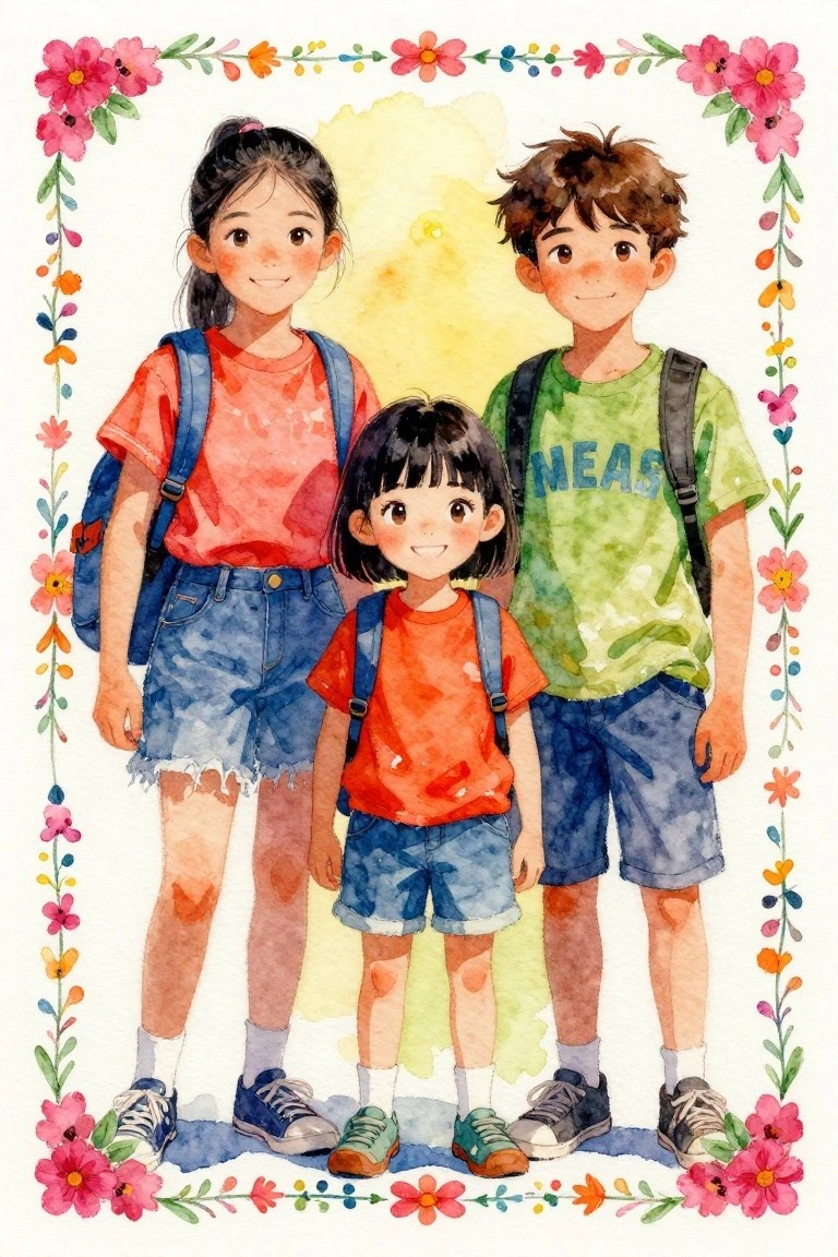 Three smiling children with backpacks in red, green, and orange shirts, floral watercolor border.