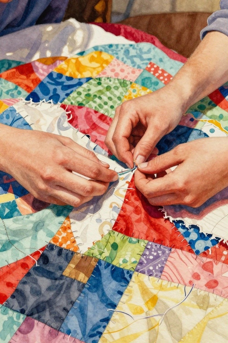Multiple hands stitching vibrant patchwork quilt of colorful fabric pieces.