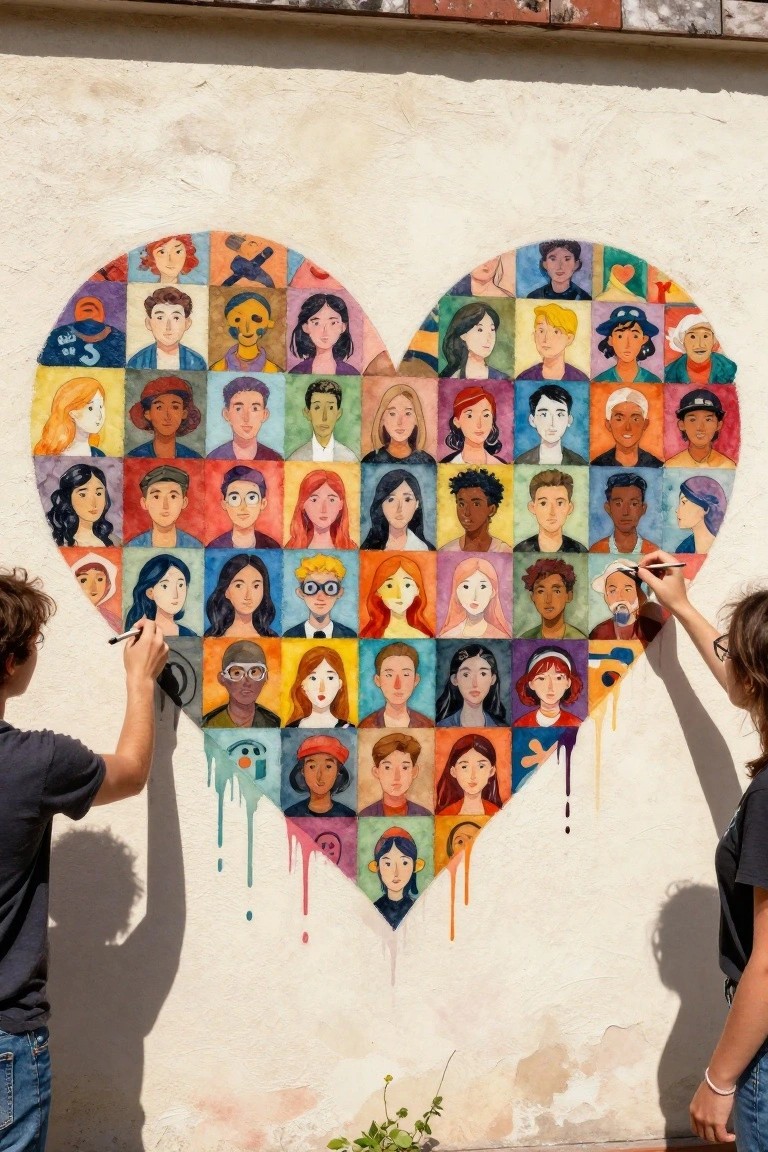 Two artists painting colorful heart-shaped mural of diverse faces with dripping paint