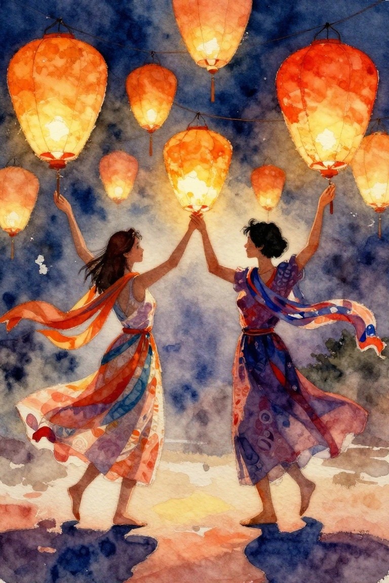 Two women in flowing dresses clasp hands beneath glowing lanterns in a watercolor night scene.