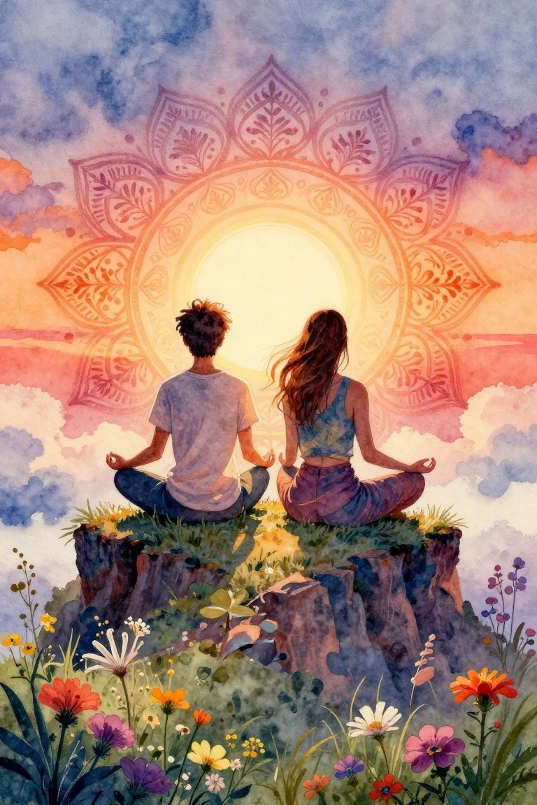 Couple meditating on cliff facing mandala sunset amid colorful wildflowers in watercolor style