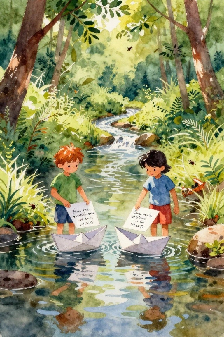 Watercolor of boys in green and blue shirts with paper boats in a forest stream.