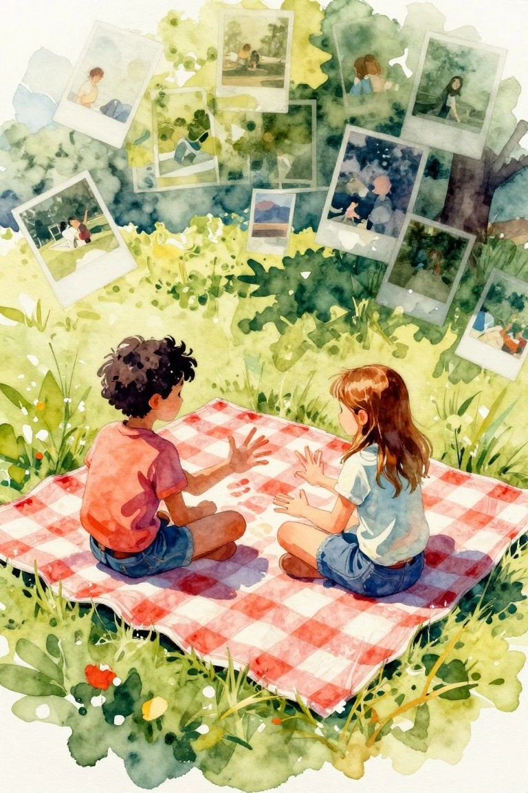 Two children sit on a red and white checkered picnic blanket in grass, facing each other with raised hands, while polaroid photos float around them in a watercolor style.