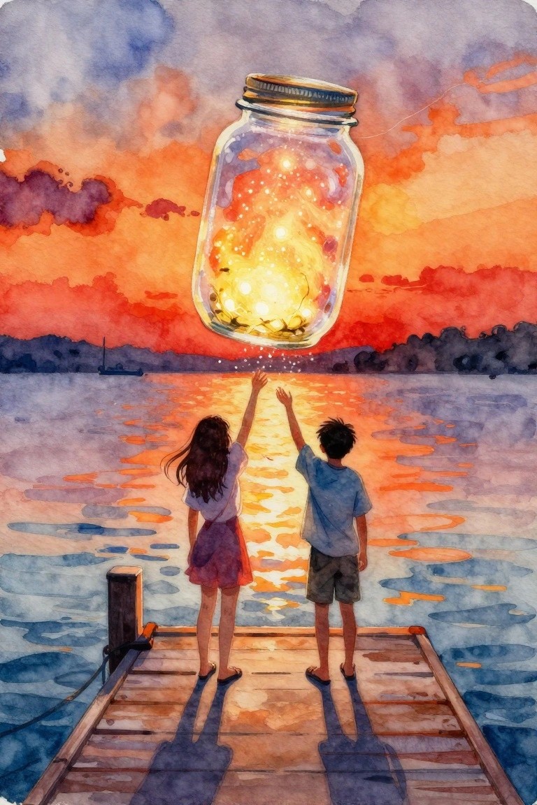 Two children on a dock reaching for a glowing jar at vibrant sunset, watercolor style