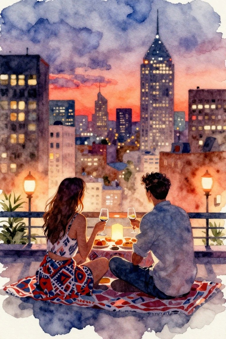 Couple sharing wine on a rooftop picnic overlooking a glowing city skyline at sunset