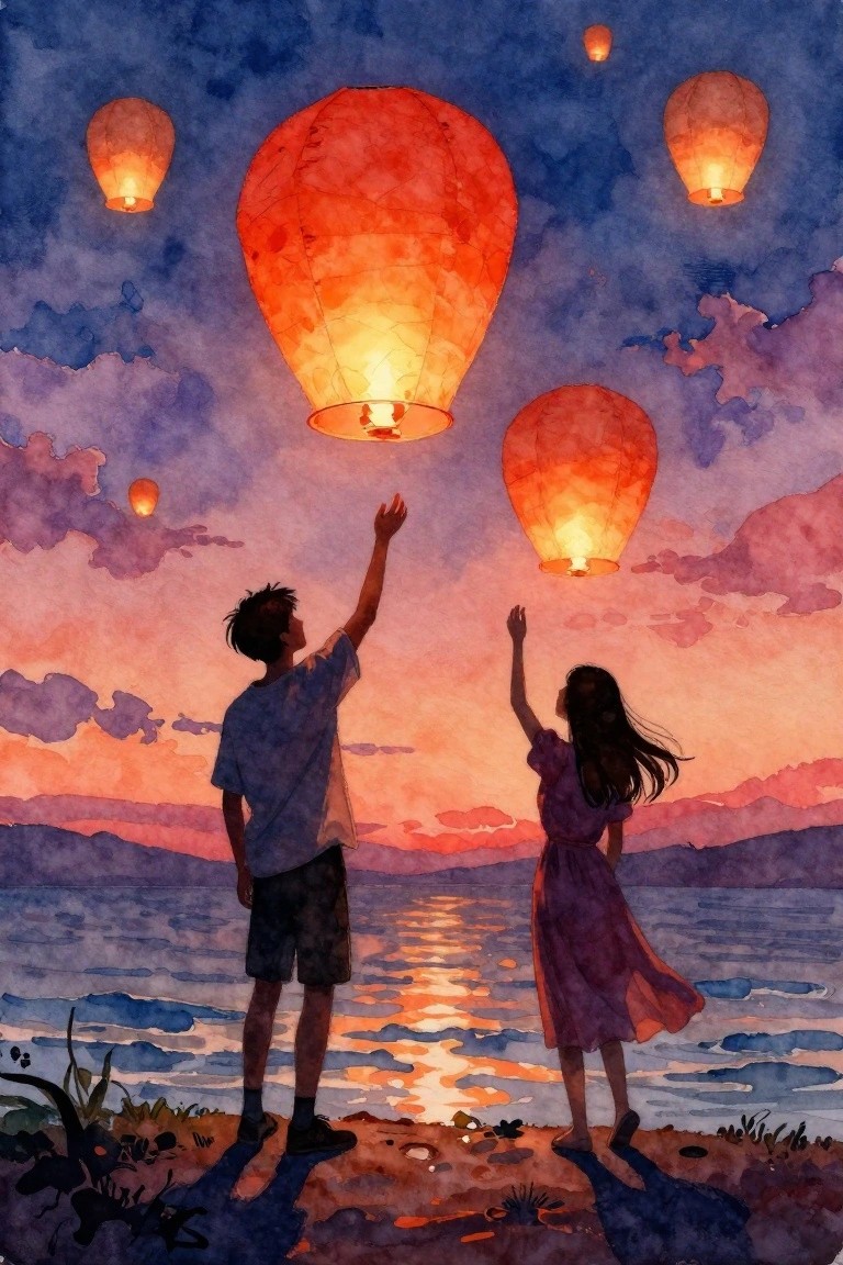 A watercolor-style painting of a boy and girl on a shore reaching toward glowing sky lanterns floating over water at sunset.