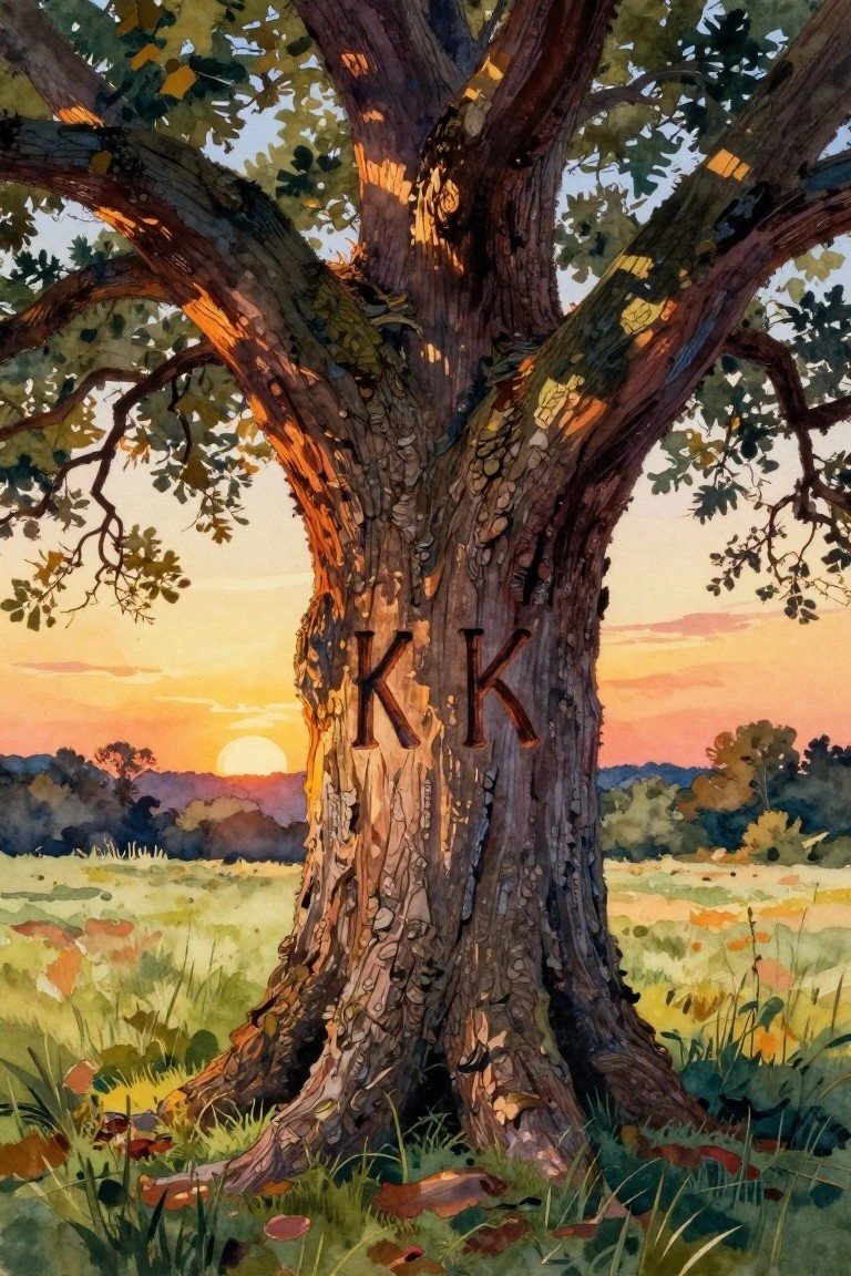 Watercolor of large tree trunk with KK carved into bark at sunset