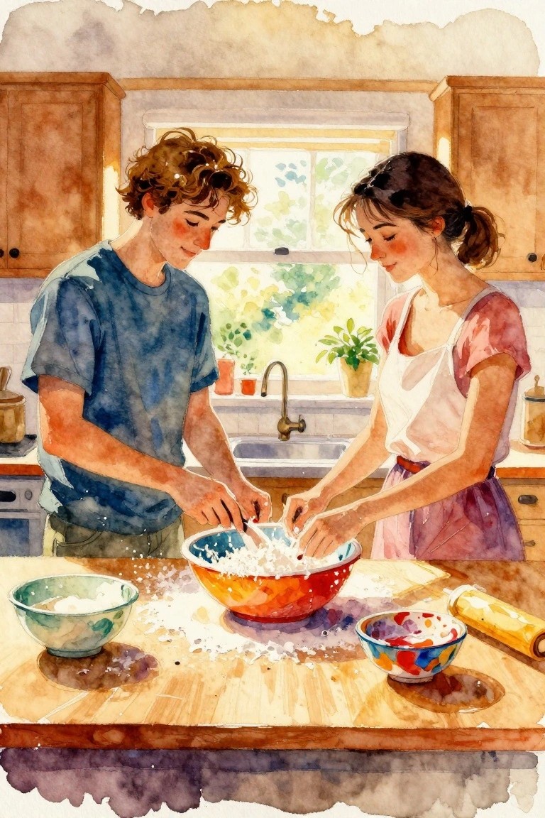 Watercolor of young couple baking with colorful bowls on a flour-dusted kitchen counter