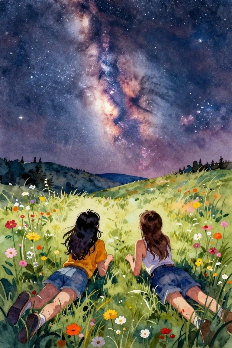 Two girls lying in a flower meadow looking up at the Milky Way on a starry night.