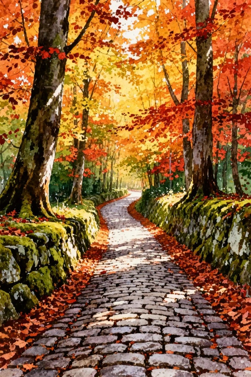 A cobblestone path curves through an autumn forest lined with mossy stone walls and trees full of red and orange leaves.