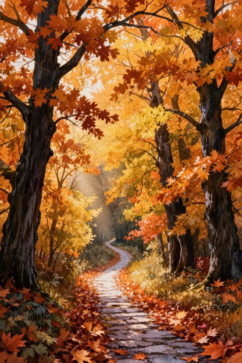Winding stone path through sunlit forest of vibrant orange and yellow autumn leaves