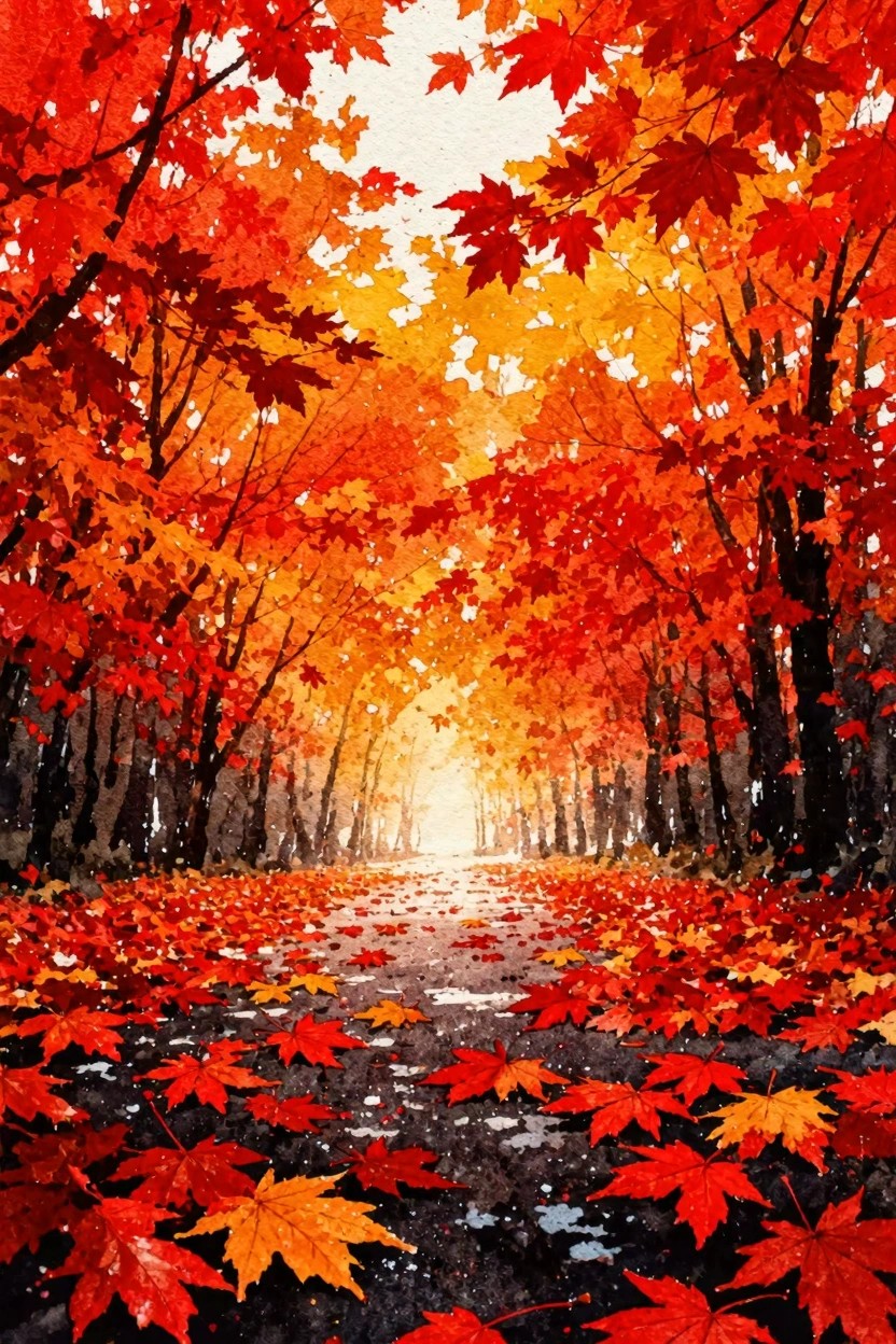 Vibrant autumn path lined with red-orange maple trees, fallen leaves covering ground in watercolor.