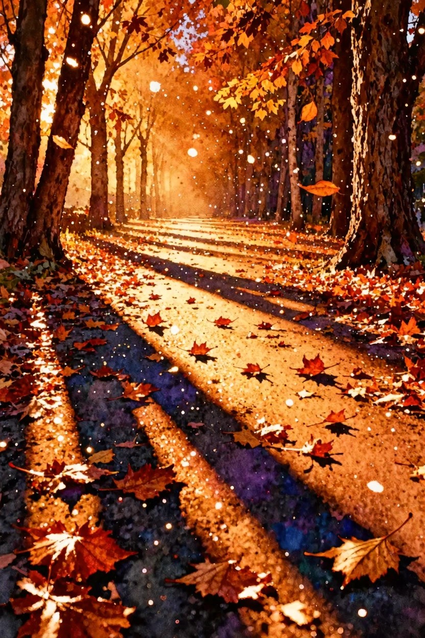 Golden autumn forest path with fallen leaves, glowing lights and sunbeams.