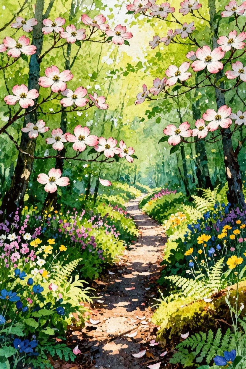 A watercolor painting of a dirt path through a forest lined with pink dogwood flowers and colorful wildflowers on both sides.
