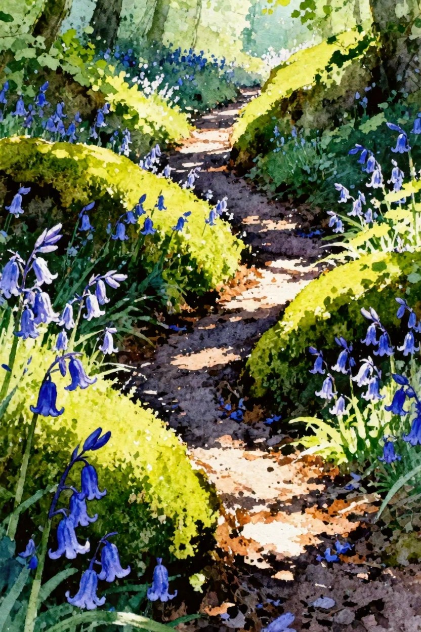 Watercolor of sunlit forest path winding through bluebells on mossy banks.