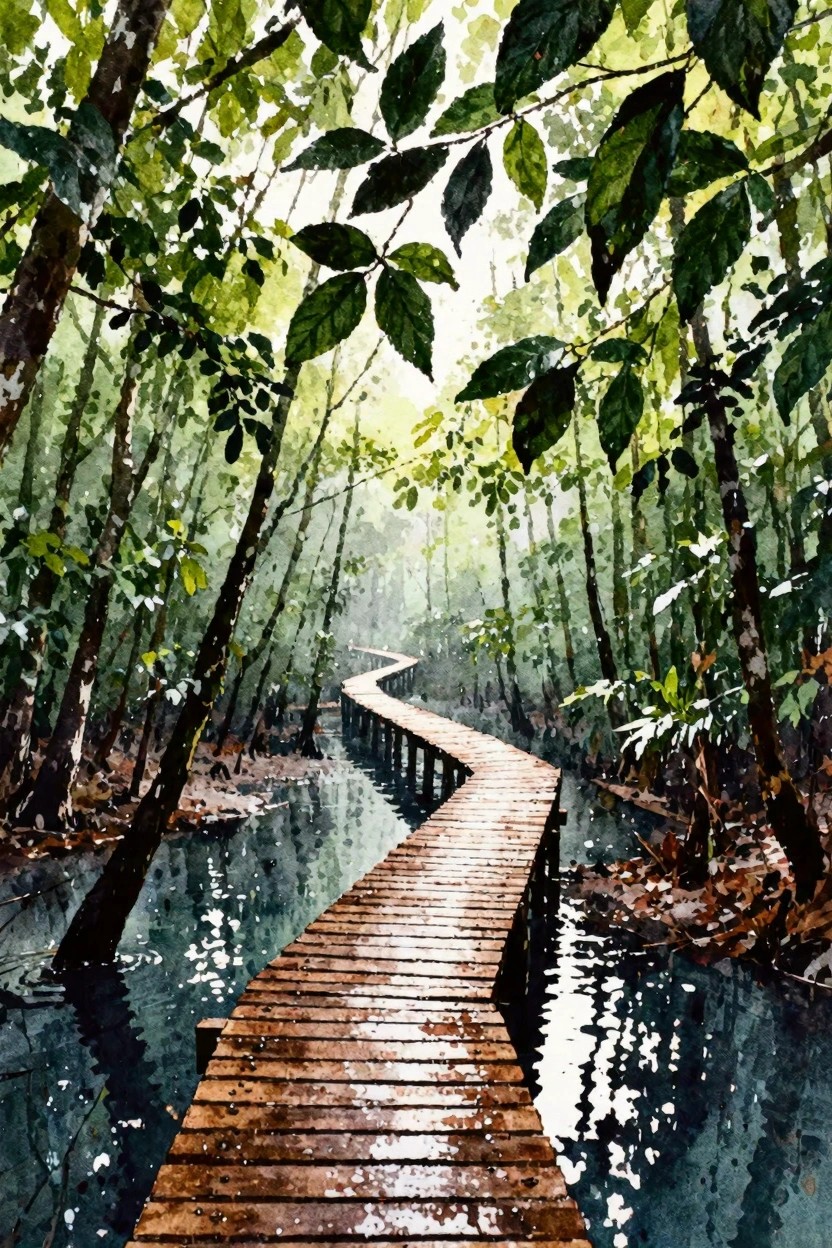 Wooden boardwalk curves through misty green forest over reflective water in watercolor style