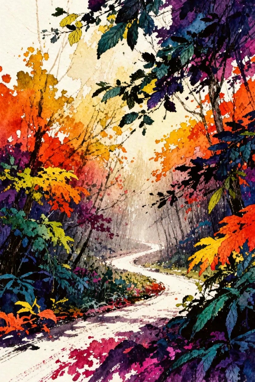 Winding forest path curving through vibrant autumn trees in misty watercolor hues.