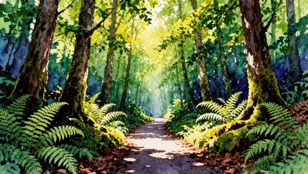 23 Peaceful Forest Landscape Painting Ideas Built Around Trees and Pathways A painting of a forest path winding between tall trees with ferns and mossy rocks on both sides and sunlight filtering through the leaves.