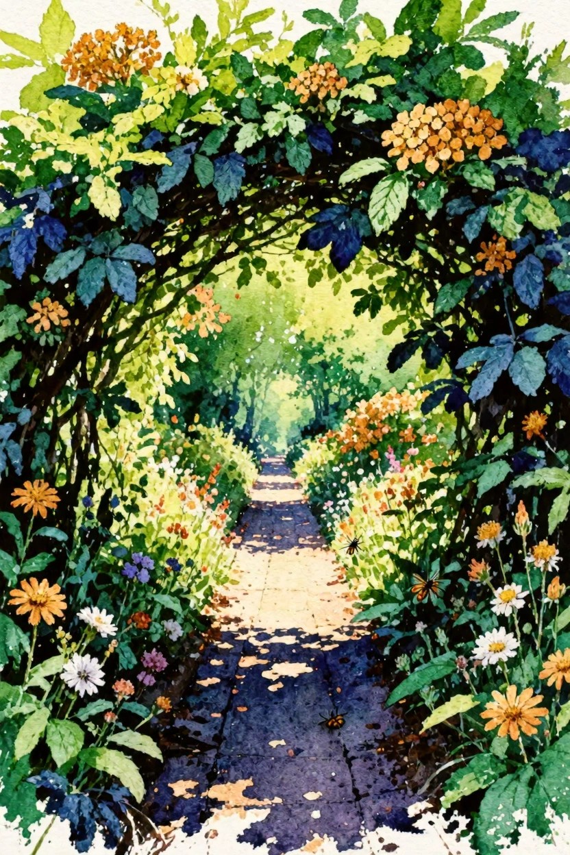 A watercolor-style painting of a stone path leading through a dense arch of green leaves and orange flowers into a sunlit forest.