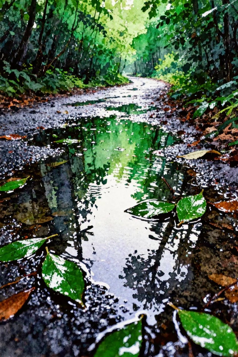 A watercolor painting of a wet forest path with a large central puddle reflecting green trees and leaves scattered on the ground.