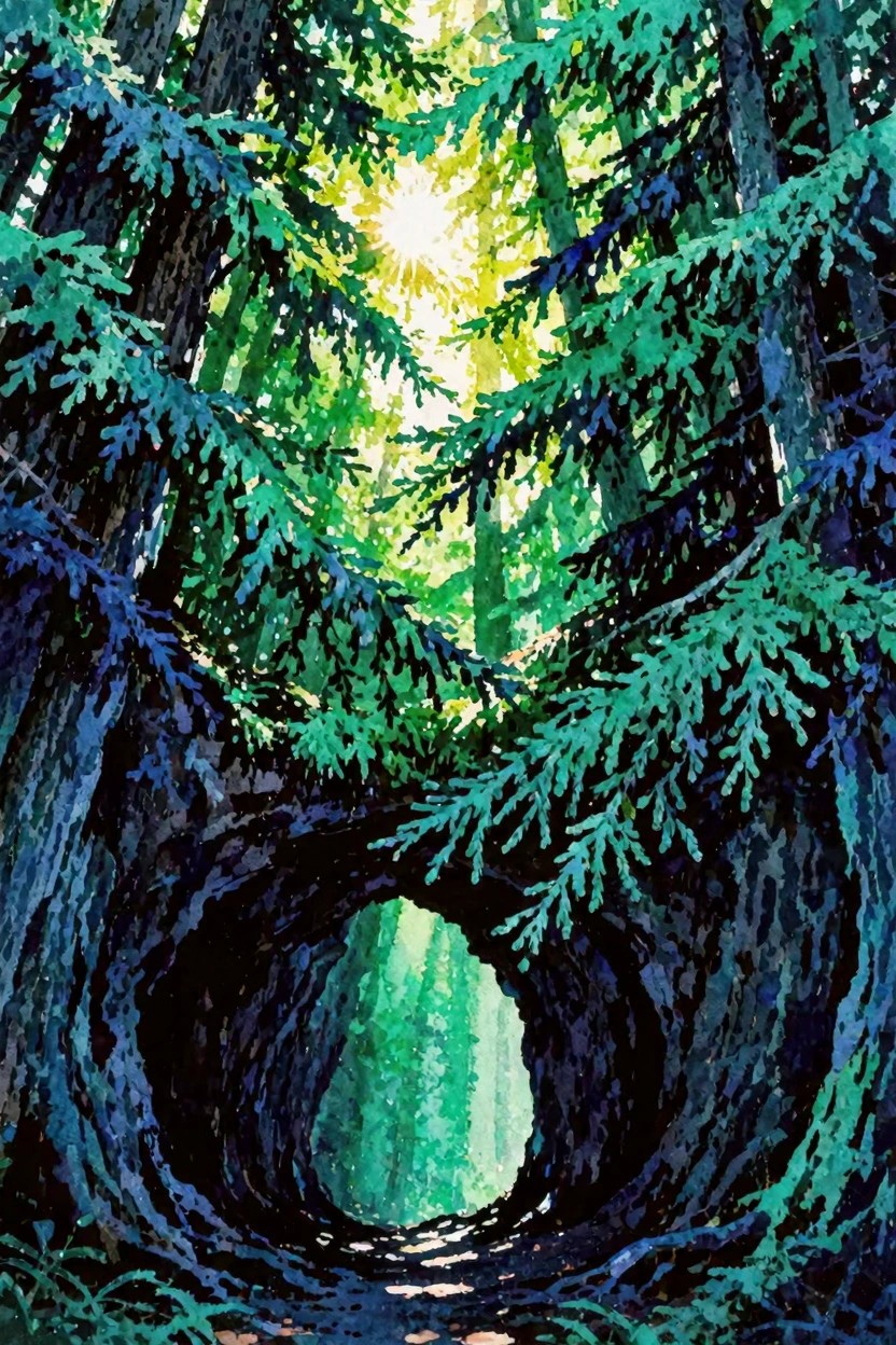 Sunlight beams through lush green tunnel of towering evergreen pine trees.