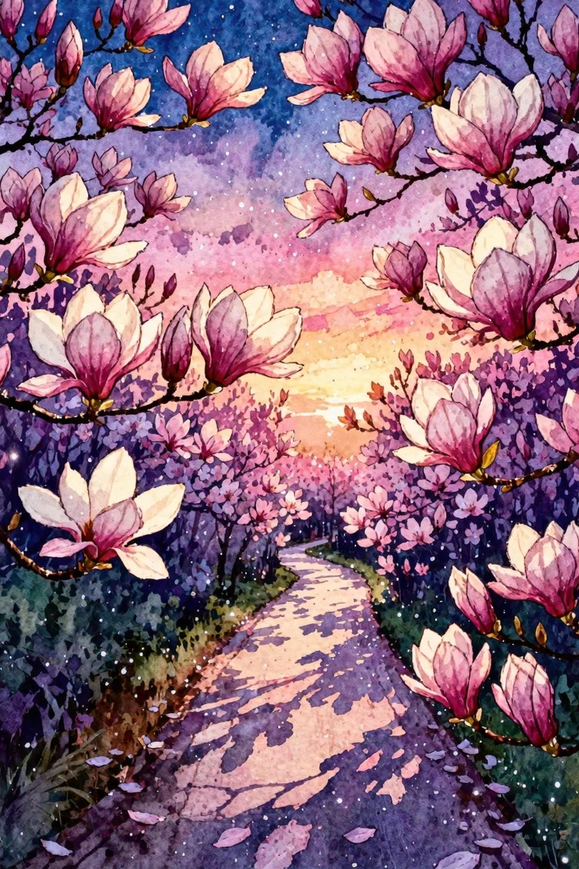 Watercolor of winding path through blooming pink magnolias under starry sunset sky