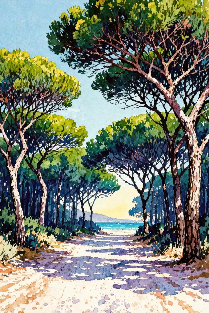 Watercolor of sunlit sandy path through tall pines to turquoise sea