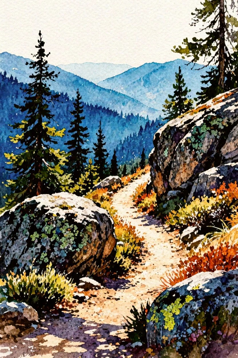 A watercolor painting shows a winding dirt path through rocks and trees with distant blue mountains.