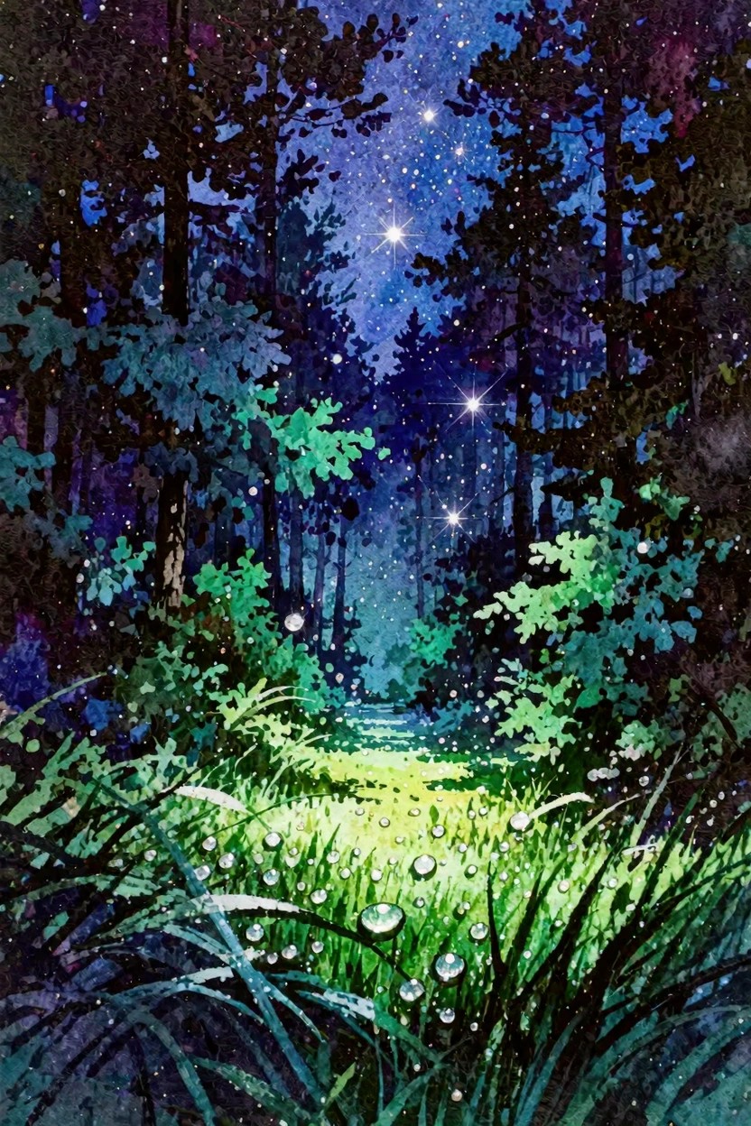 Starry night forest path glowing amid dew drops on grass, in watercolor style.