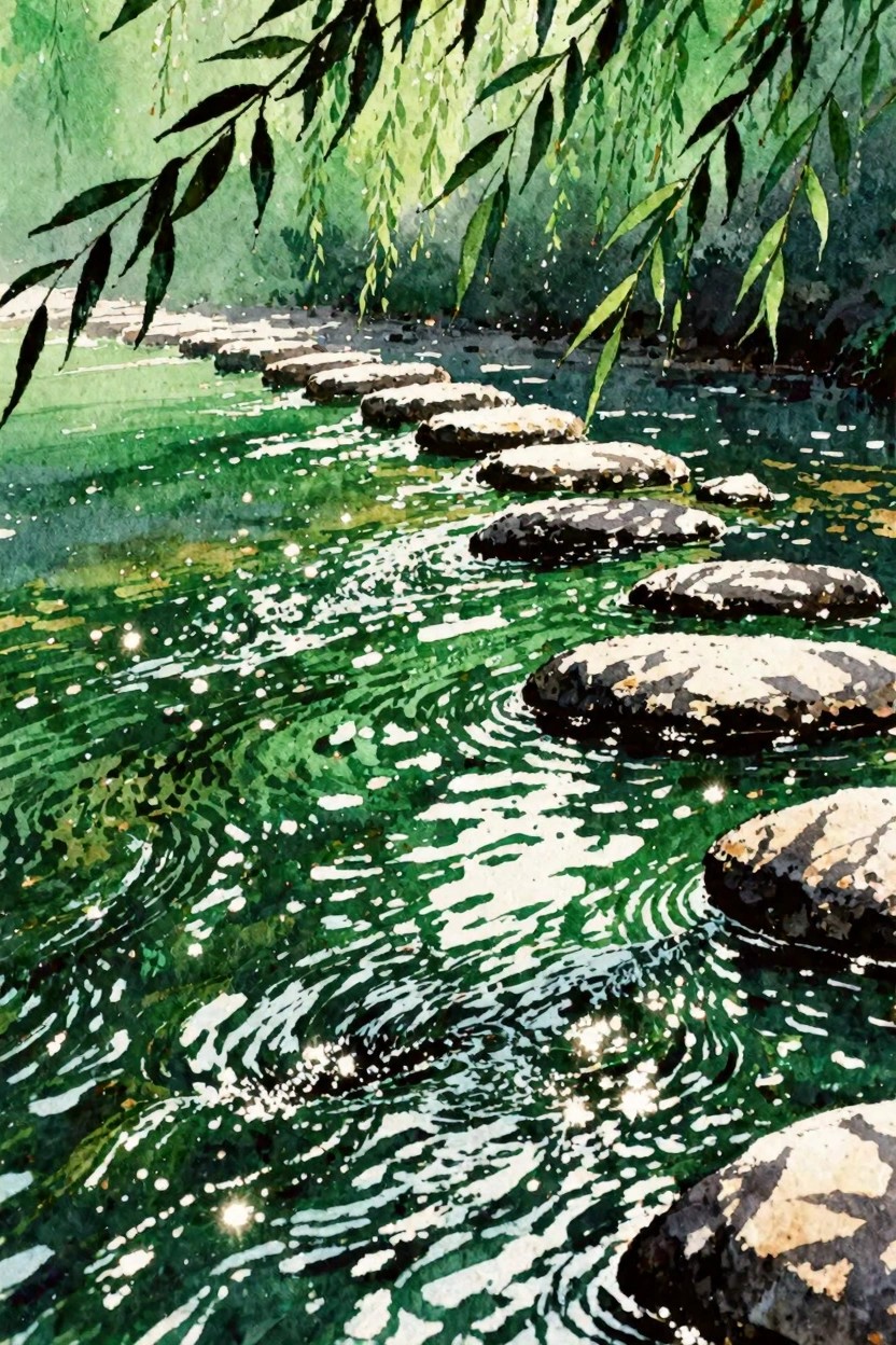 Watercolor of stepping stones across shimmering green water under willow branches