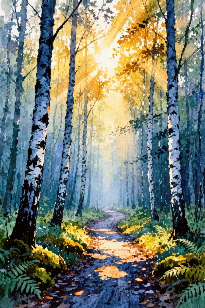 Sunlit winding path through birch forest with golden autumn leaves and ferns