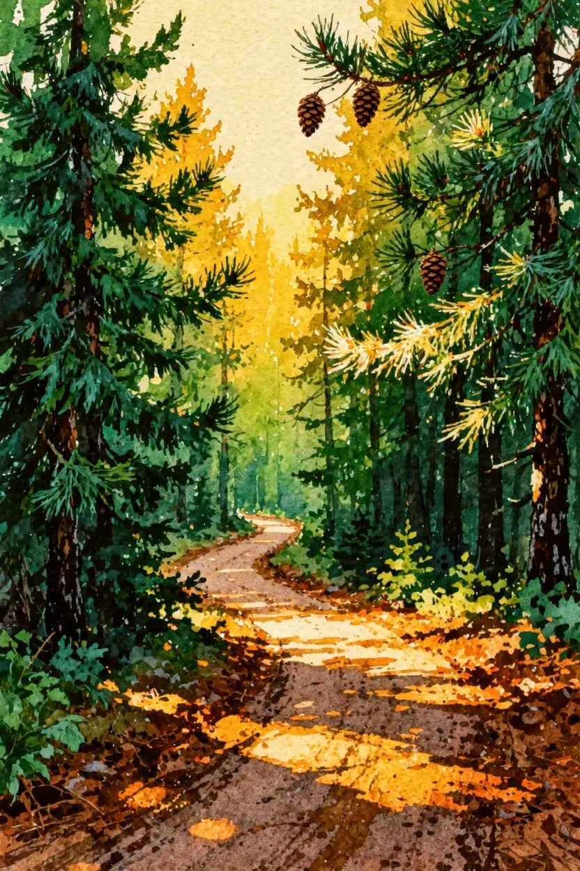 Winding sunlit path through tall pine trees with golden autumn foliage in watercolor