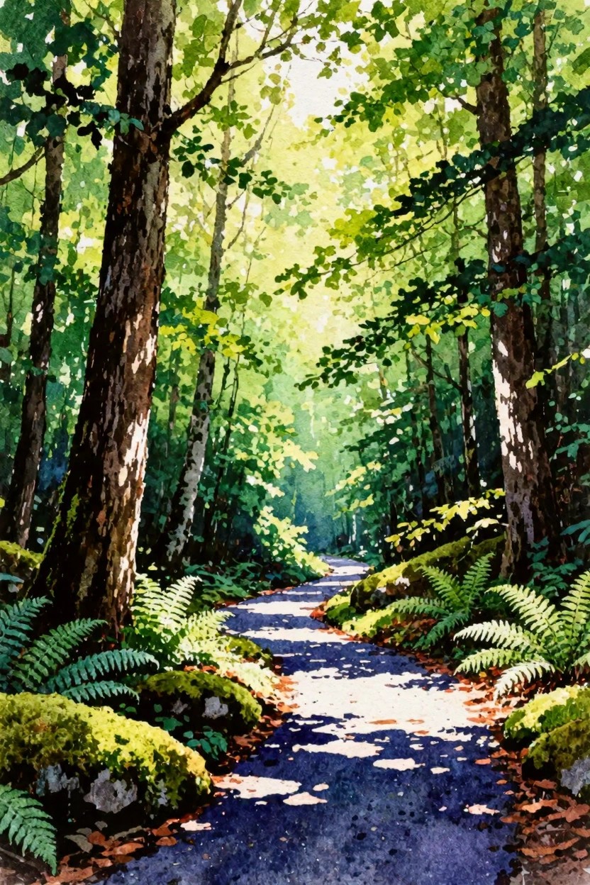A painting of a forest path winding between tall trees with ferns and mossy rocks on both sides and sunlight filtering through the leaves.