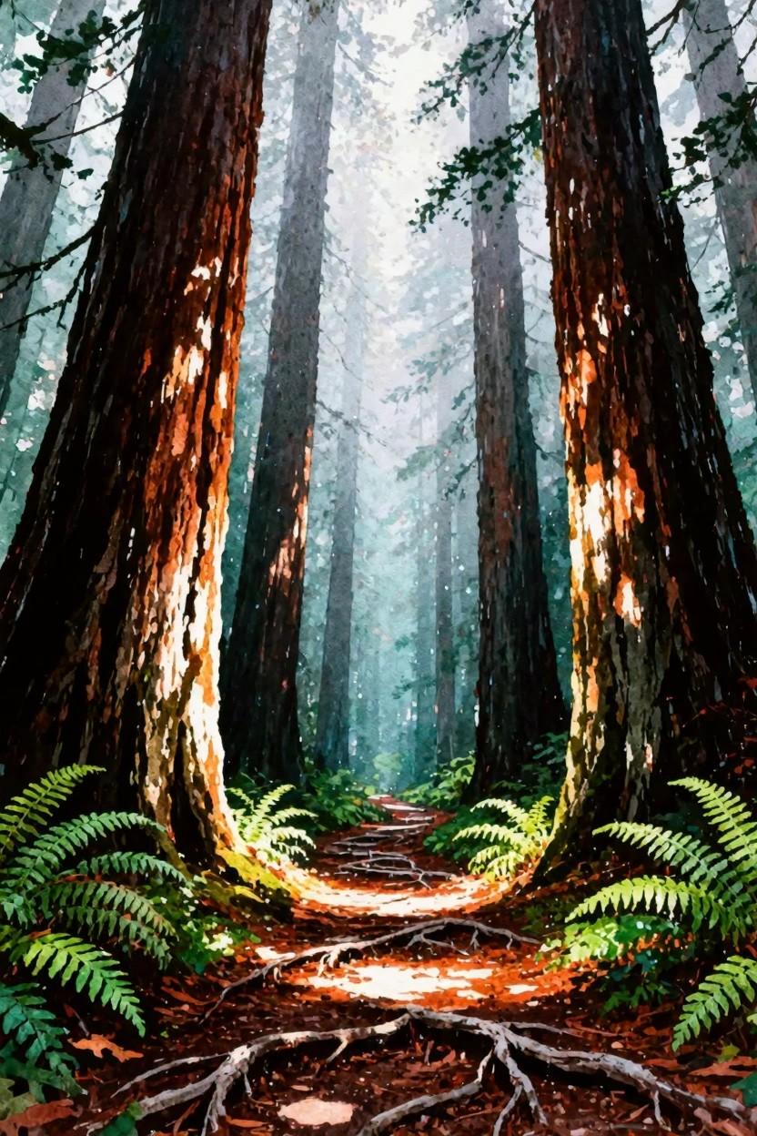 A misty forest path winds between tall tree trunks with ferns, roots on the ground, and sunlight filtering through the canopy.