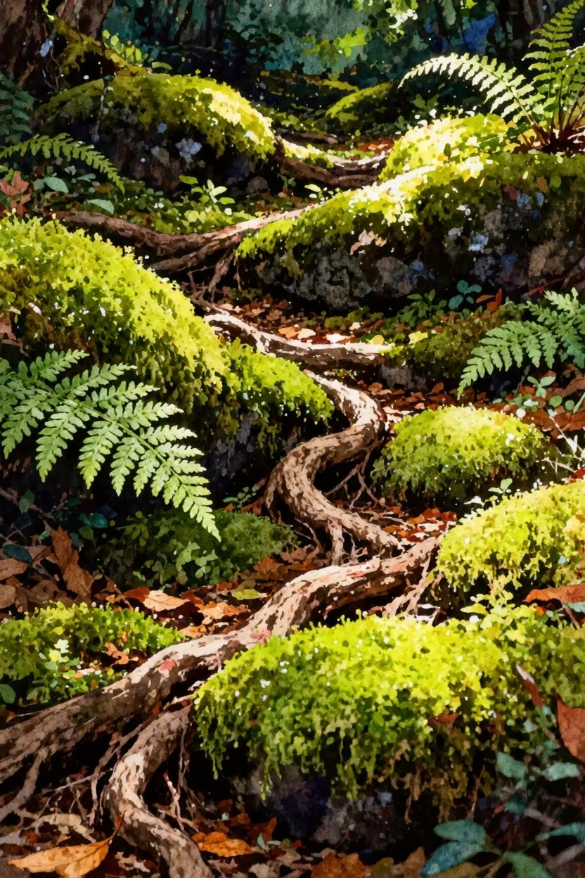 Twisted roots winding through sunlit mossy rocks and ferns in a forest