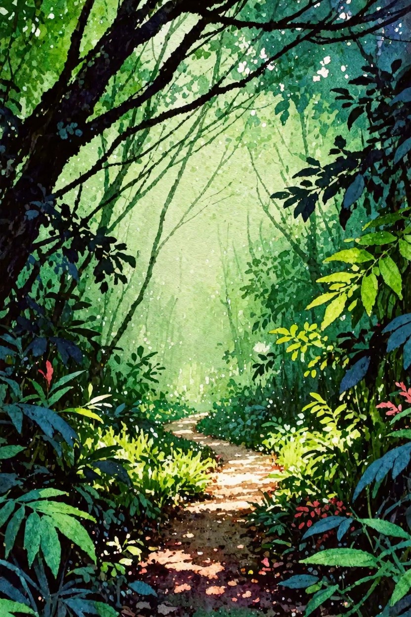 A watercolor painting of a sunlit dirt path winding through dense green forest trees with dappled light on the ground.