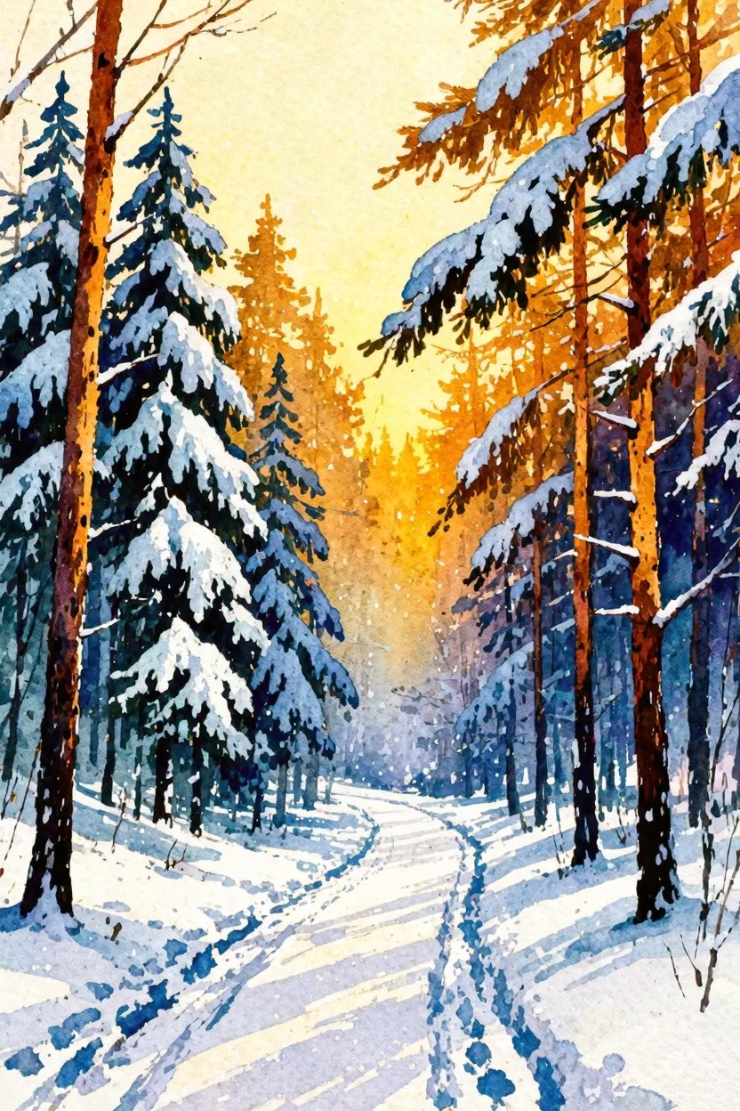 Winding snowy path through snow-laden pines under golden sunlight, watercolor style.