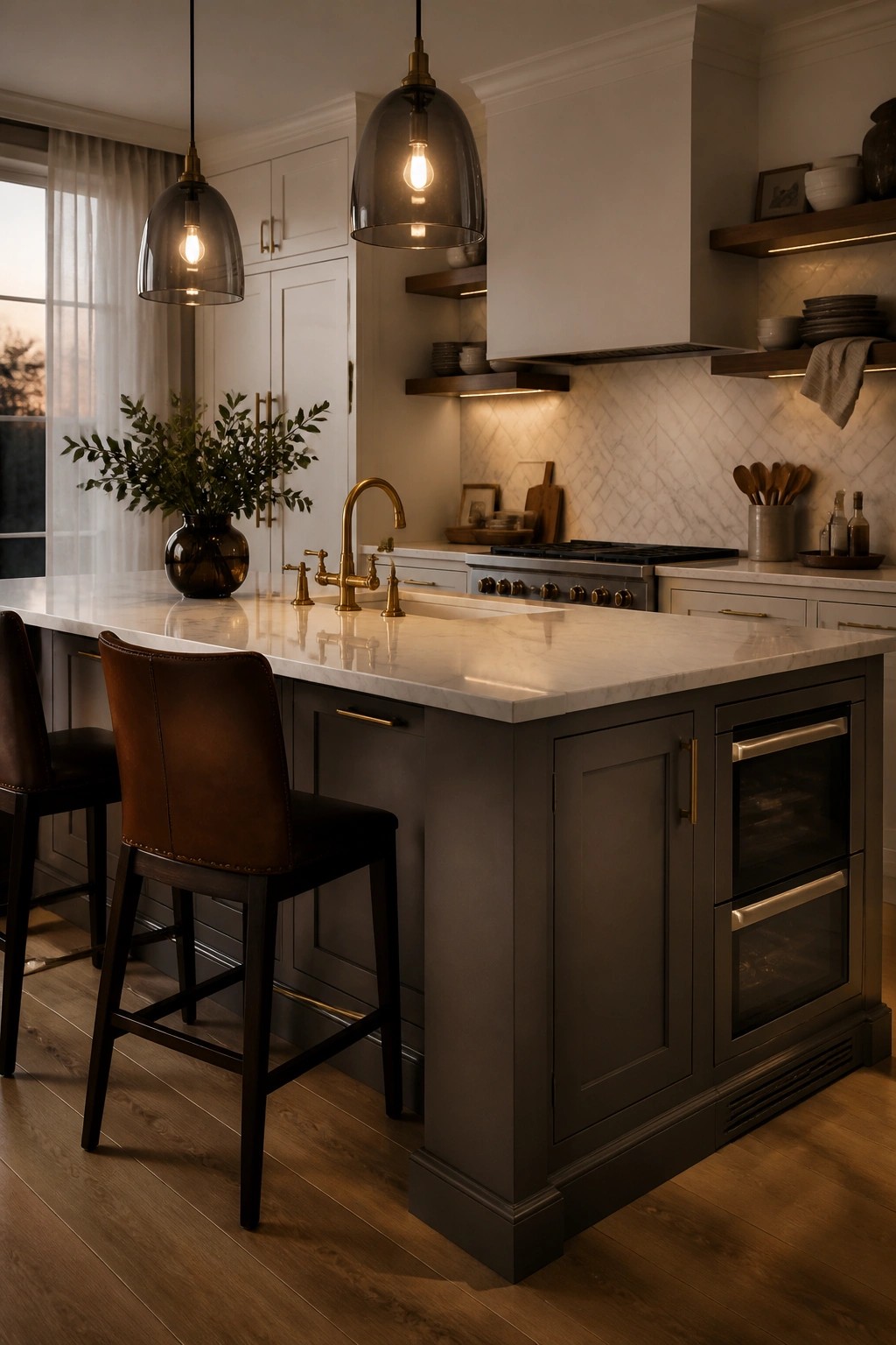 Kitchen island and cabinets painted in a deep charcoal gray with marble counters.