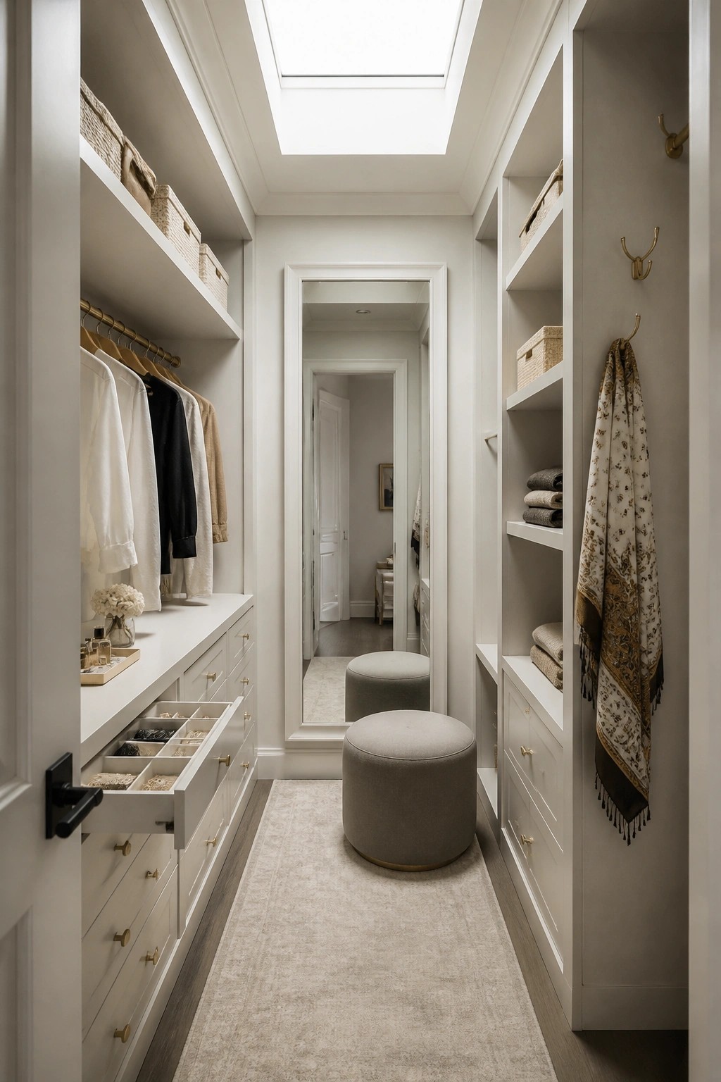 Creamy white walls and built-in cabinetry fill a walk-in closet.