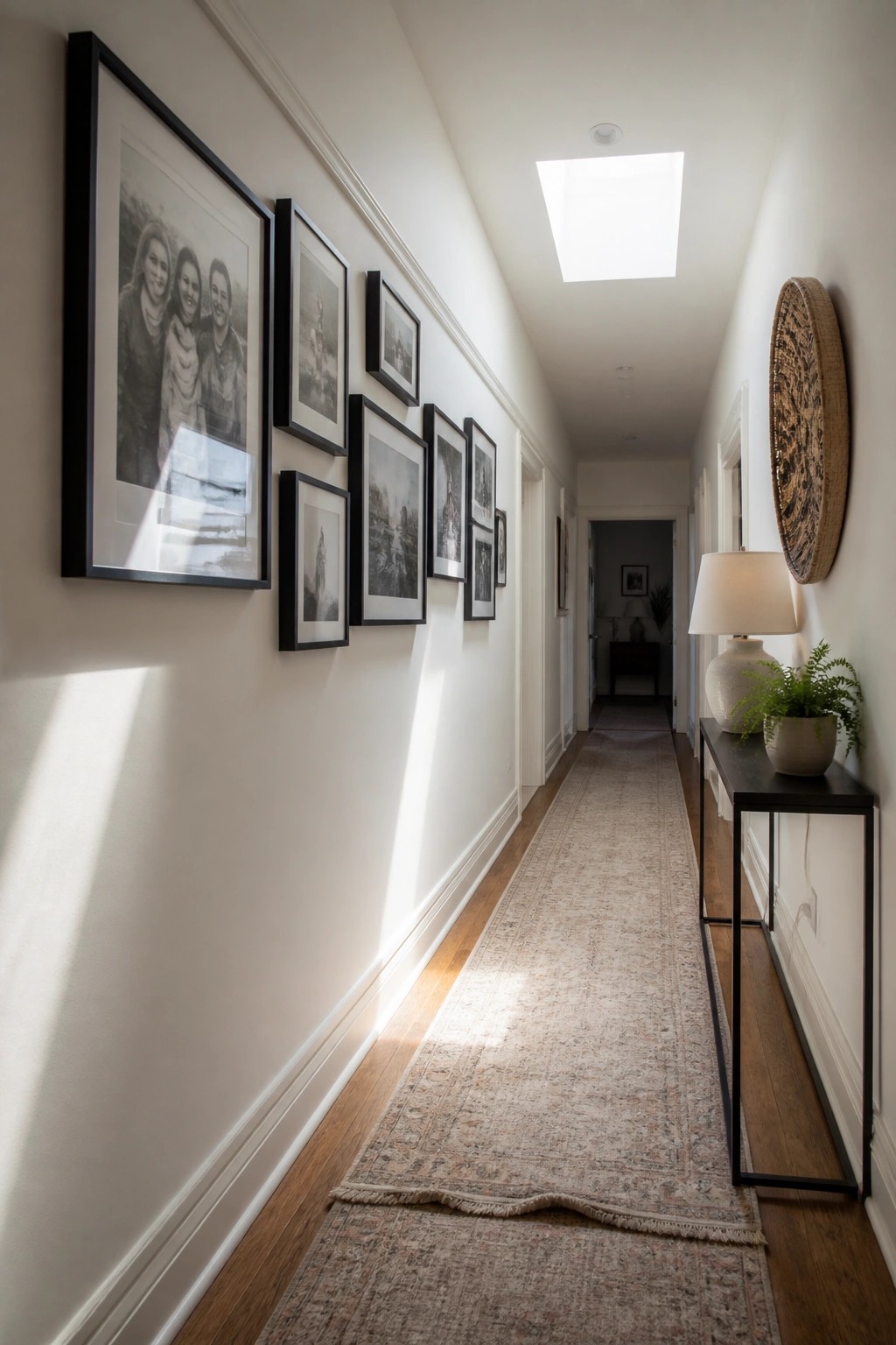 A hallway with soft white walls lined with black framed photos.