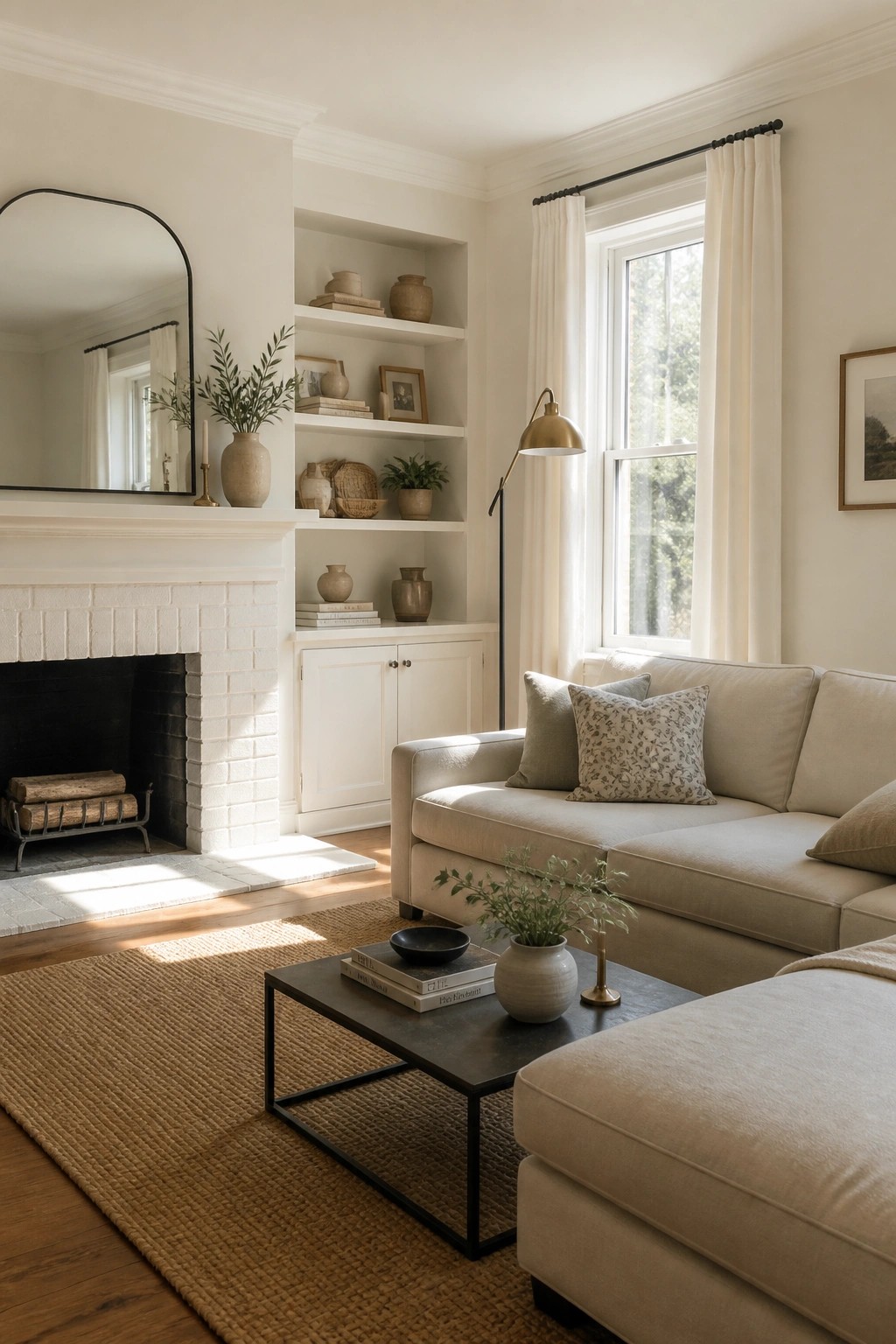 Living room with walls, trim, and built-ins painted in a soft warm white.