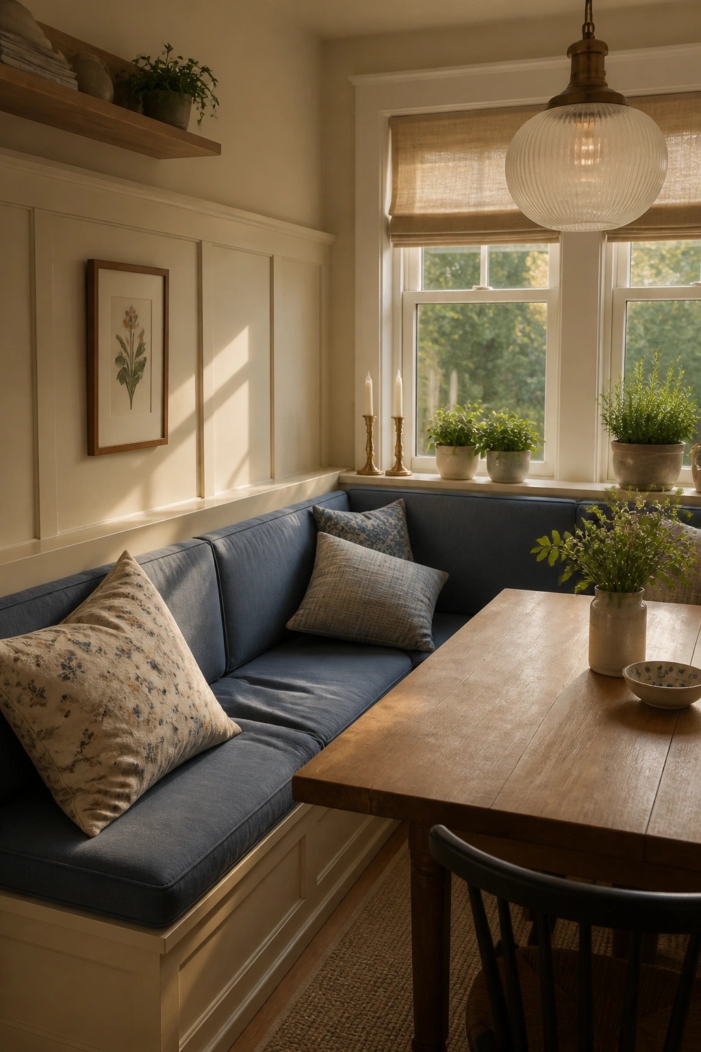 Warm creamy white walls in a dining nook with blue bench seating.