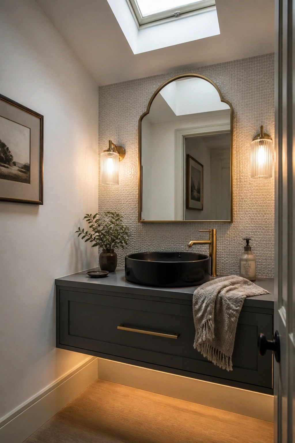 A bathroom vanity painted dark charcoal gray with a black vessel sink and brass faucet.