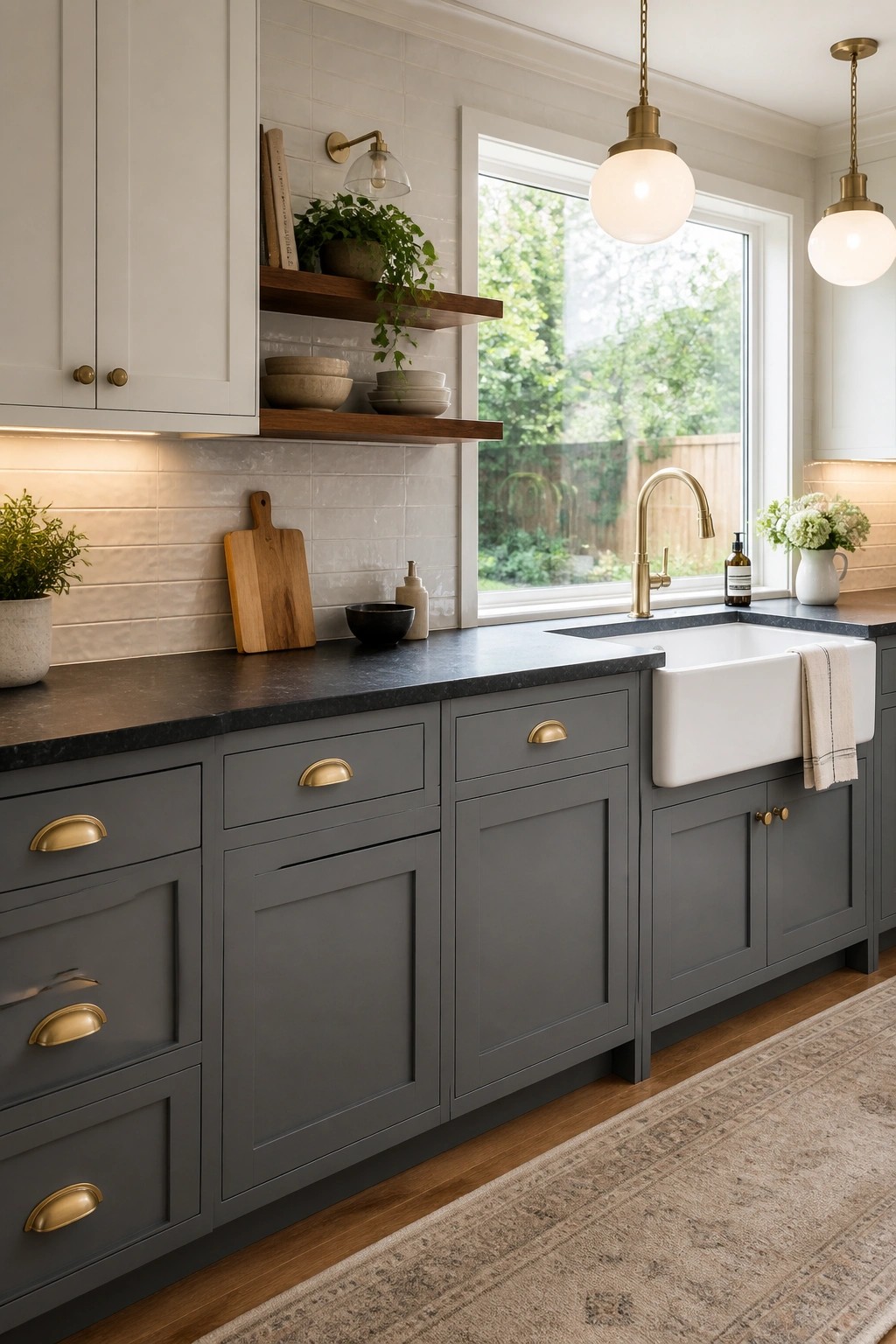 Dark gray lower cabinets with a white farmhouse sink in a kitchen setting.