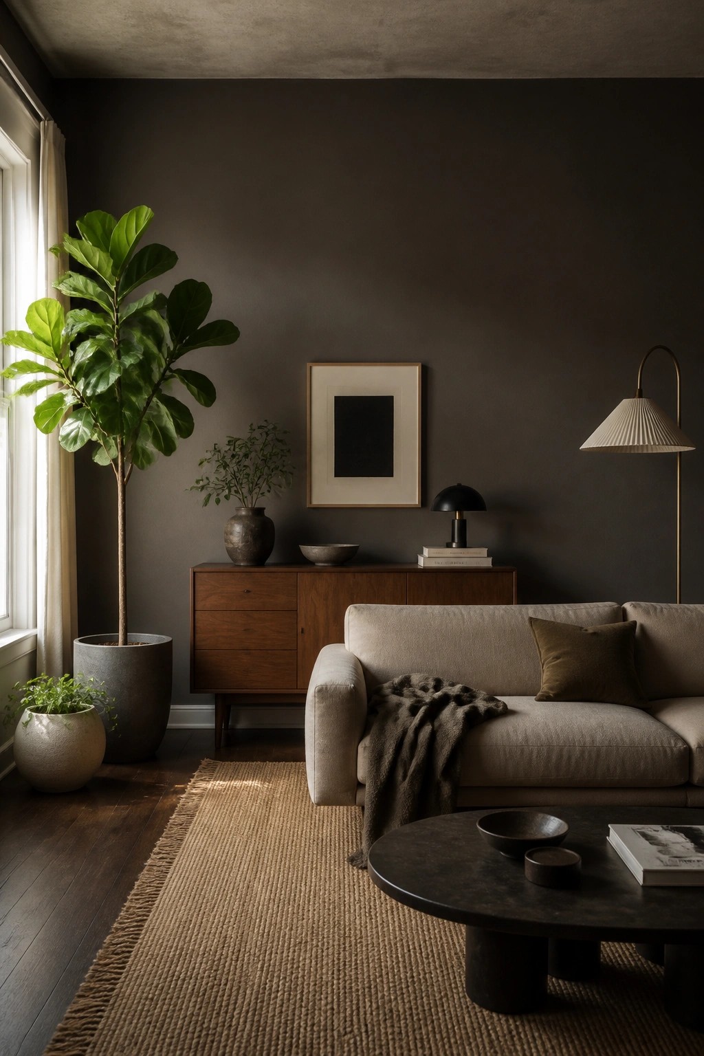 Dark neutral walls in a living room with wood cabinetry and plants.