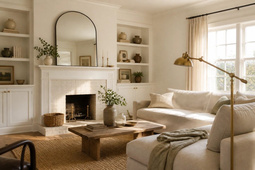 23 Polished Sherwin Williams Neutral Paint Colors for Walls, Trim, and Cabinets Living room with walls, trim, and built-ins painted in a soft warm white.