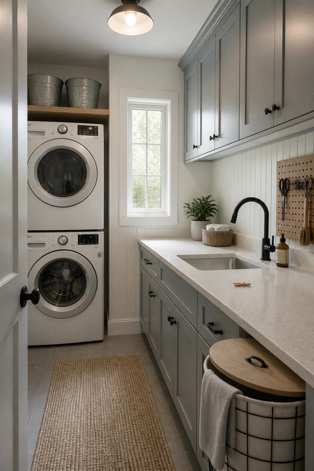 Stacked washer-dryer in narrow laundry room with gray cabinets and sink