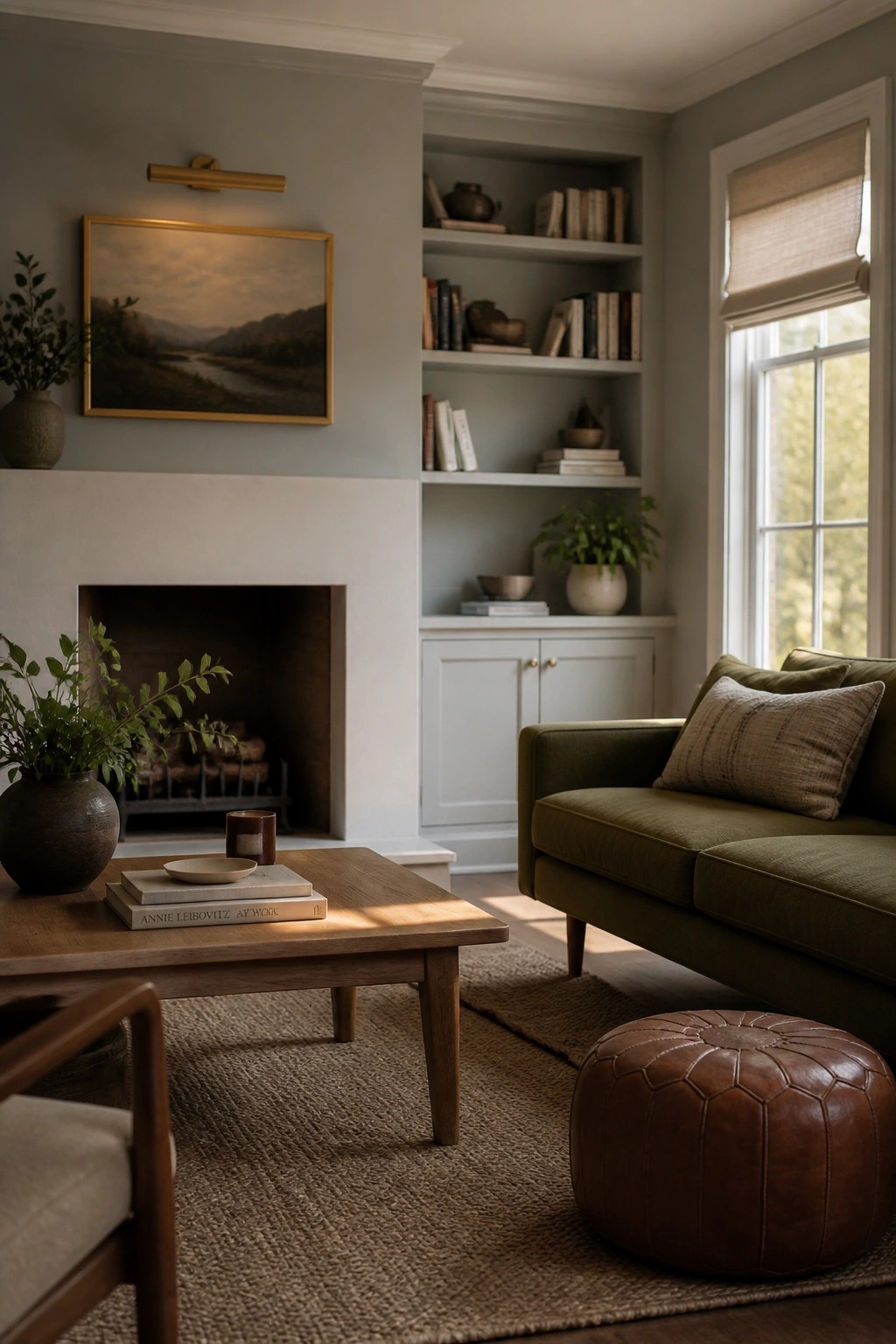 Light gray-green walls in a living room with a fireplace and built-in shelves.