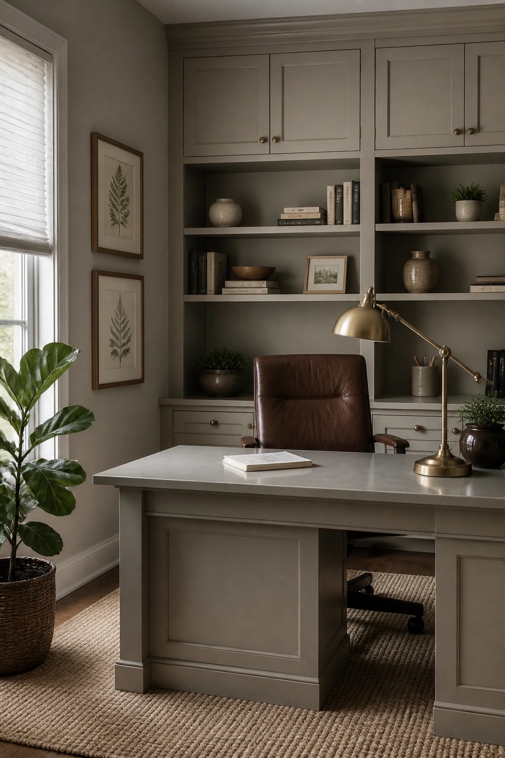 Built-in cabinets and desk painted in a soft sage gray neutral.